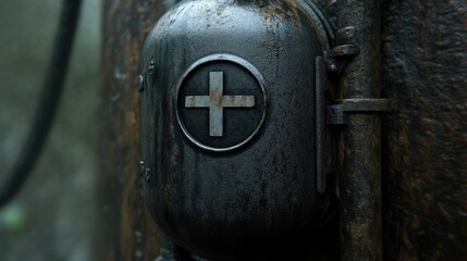 Rusty first aid box on weathered wall