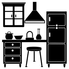 Modern Kitchen Silhouette – Vector Icon with White Background.