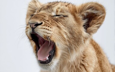 A close-up portrait of a yawning baby lion, pure white background
