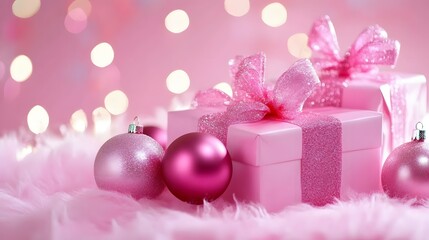 Fototapeta premium Pink Christmas Gifts Glitter Bows Ornaments Festive Background