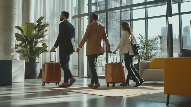 Diverse business travelers arriving at modern hotel with luggage