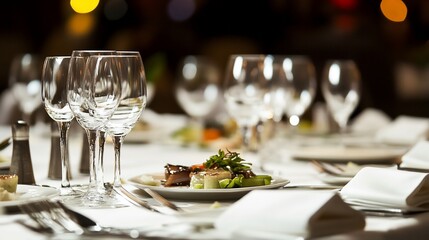Fototapeta premium Elegant dining setup with wine glasses and gourmet dish at restaurant