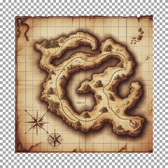 a vintage island map with winding paths and an X marking the spot, Antique Island Map with Detailed Nautical Elements on transparent background, png, psd
