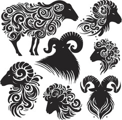 Ornamental Sheep Silhouette Collection: An array of artistic sheep silhouettes showcases intricate patterns and graceful designs in a monochrome palette.