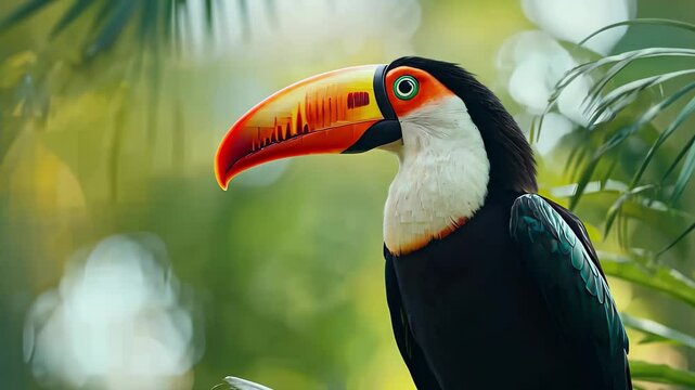 Exotic toco toucan perched among lush foliage in a vibrant natural habitat, Exotic toco toucan bird in natural setting and looking, movie
