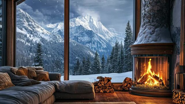 Cozy cabin living room features a warm fireplace and snowy mountain views in a tranquil winter setting, Cozy cabin living room with warm fireplace and snowy mountain view, background