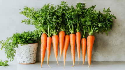 Fresh, organic orange carrots, a healthy root vegetable bunch, isolated on a vibrant green background