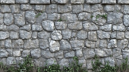 Fototapeta premium Ancient stone wall texture. Weathered grey rocks, fitted tightly together. Small plants grow in the crevices