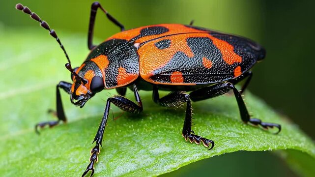 Firebug Pyrrhocoris apterus resting on a green leaf during a sunny day in a garden, Firebug, Pyrrhocoris apterus, is a common insect of the family Pyrrhocoridae