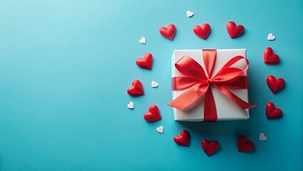 Obraz premium Romantic Valentines Day Gift Box Exquisite Red Hearts Elegant White Ribbon and a Touch of Blue for a