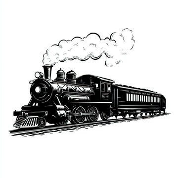 recommend clip art: Monochrome Vintage Locomotive Illustration with Plumes of Steam on White, created by ai generated