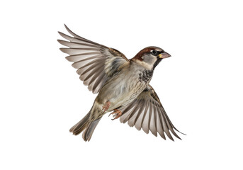 Sparrow in mid-flight with outstretched wings against a clean background
