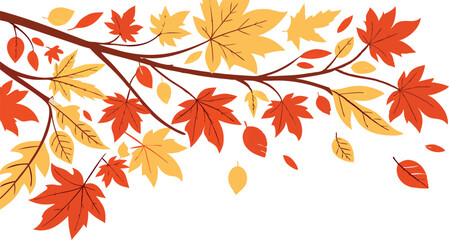 Autumn seasonal background with horizontal border made of falling autumn golden, red and orange colored leaves. © Ashes Studio