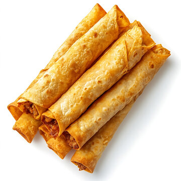 Golden and crispy taquitos with a crunchy rolled tortilla exterior and a tender, spiced meat filling, isolated white background