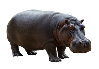 A close-up view of a hippo standing on a plain, with lush greenery in the background