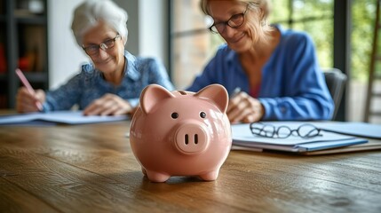 Saving Goals:  Two elderly women meticulously plan their financial future alongside a classic piggy bank, symbolizing savings and planning for retirement. It conveys a sense of security, planning.
