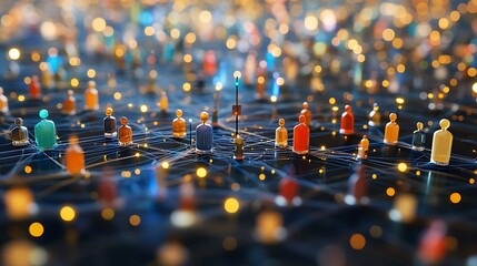 Fototapeta premium Global interconnected network of people. A vibrant representation of diverse individuals linked by a complex digital network. Bokeh effect highlights the connections