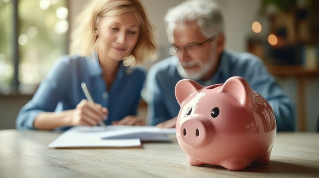 Financial Planning: A couple examines financial documents with a piggy bank in the foreground, representing future retirement security and prudent savings planning.