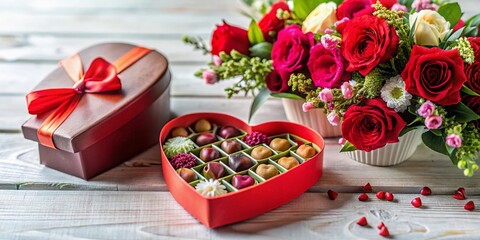 Romantic Valentines Day Gift Basket Exquisite Red Heart Praline Box Stunning Flower Bouquet