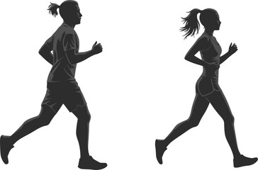 Obraz premium Running man and woman, isolated vector silhouettes. Run, side view. Silhouettes of athletic looking male and female runners running. EPS 10 version.