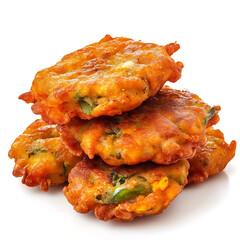 Golden and crispy vegetable fritters with a light batter and tender vegetable filling, isolated white background, hyperrealism art style