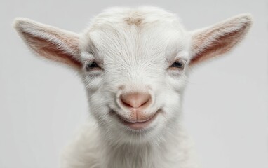Fototapeta premium A close-up portrait of a cute baby goat smiling, pure white background
