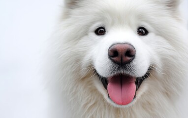 A close-up portrait of a fluffy samoyed dog smiling, pure white background