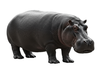 Realistic hippo standing on a plain background, showcasing its massive body and features