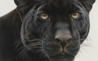 A close-up portrait of a sleek black panther staring, pure white background