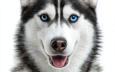 A close-up portrait of a smiling Siberian Husky with blue eyes, pure white background