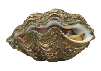 Close-up view of an open oyster shell revealing its interior and pearl, underwater
