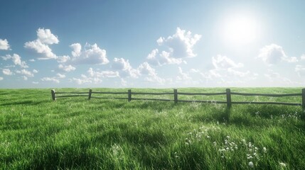 Sunny field, wood fence, idyllic landscape