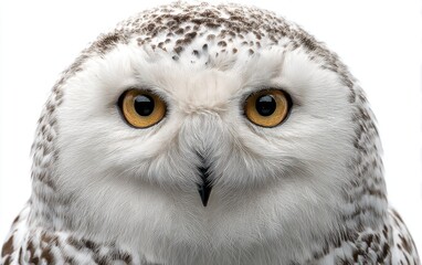 Obraz premium A close-up portrait of a wise old owl with large round eyes, pure white background