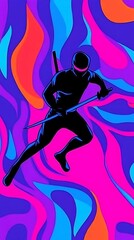 Dynamic ninja silhouette against vibrant abstract background