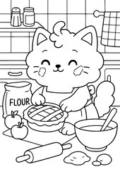 A fluffy cartoon kitten with round cheeks and a big puffy tail is baking a pie in a cozy kitchen. This is a black and white line art illustration for children’s coloring books.