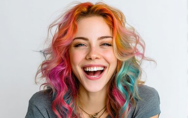 A laughing woman with bright colorful hair and joyful eyes, white background