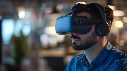 Young Man Engaged in Virtual Reality Experience with Headset