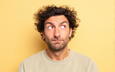 Fototapeta premium A man with skeptical look, raised eyebrow, pastel yellow background