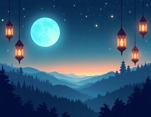 Obraz premium Beautiful nighttime silhouette of a mosque with a crescent moon and lanterns hanging in the starry sky over mountains
