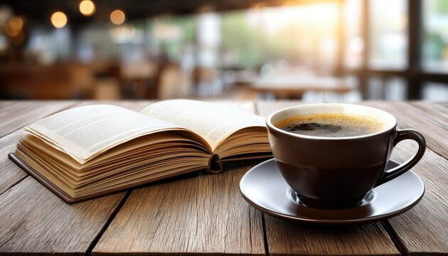 A cozy scene featuring a cup of coffee beside an open book on a wooden table, set in a warm, inviting environment.