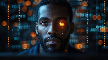 Man with security lock over eye in digital world