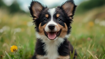 A playful puppy with a shiny coat explores a vibrant field. Its joyful expressions radiate happiness as it frolics among colorful flowers, basking in the warm sunlight
