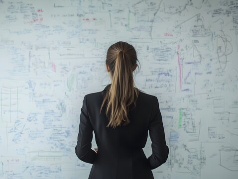 Businesswoman Analyzing Data on Wall of Ideas and Concepts