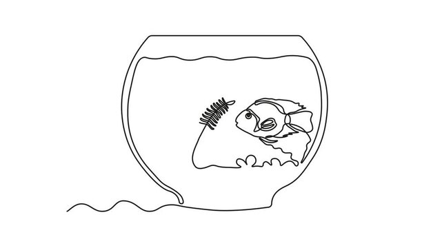 Abstract aquarium with algae, seaweed and fish. Self drawing animation one continuous line draw, logo