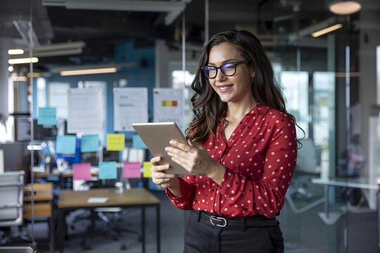 Confident Businesswoman Wearing Red Polka Dot Blouse and Glasses Using Digital Tablet in a Modern Creative Office with Glass Walls and Sticky Notes – Professional Female Entrepreneur Working in Tech
