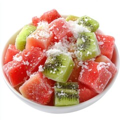 A colorful frozen fruit salad featuring watermelon, kiwi, and strawberry chunks,