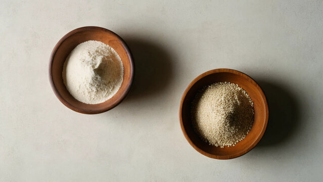 Two Earthen Bowls of Fine and Coarse Grain Powders on Neutral Background