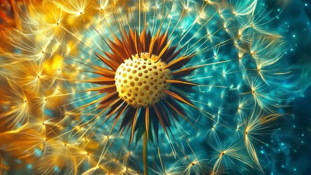 Dandelion Seed Blossom: A close-up view captures a delicate dandelion seed head, set against a mesmerizing backdrop of swirling, vibrant colors.