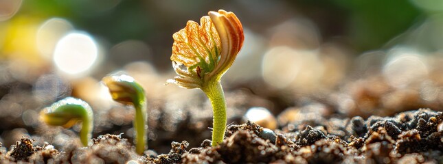 Macro view of sprouting plant in nutrient-rich soil with blurred forest background, natural germination process for ecological campaigns and biology textbooks