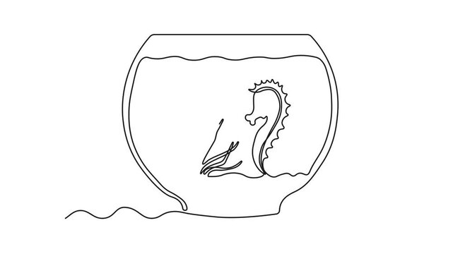 Abstract aquarium with algae, seaweed and seahorse. Self drawing animation one continuous line draw, logo